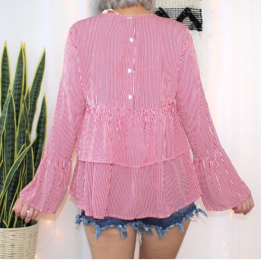 Zara Red Striped Ruffle Tier Hem Blouse - Picture 2 of 8